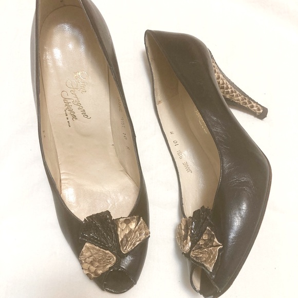 Rosina Ferragamo vintage leather and snakeskin open toe heels size 10 - Picture 1 of 7